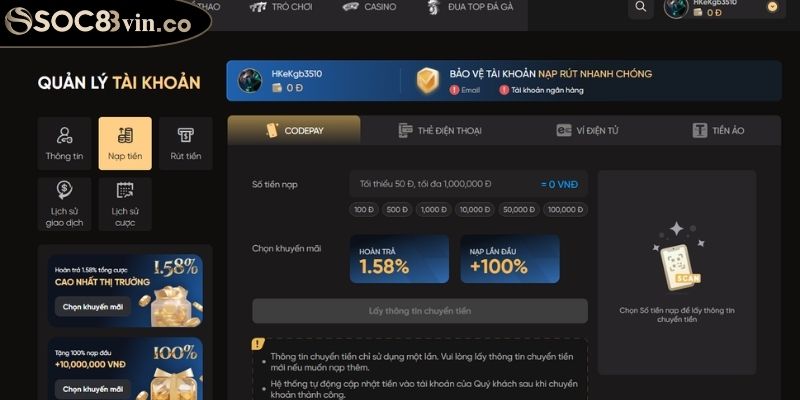 Nạp và rút tiền soc88 1 Điều kiện cần có khi thực hiện nạp và rút tiền Soc88