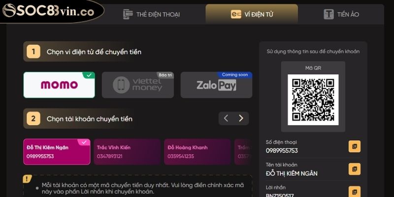Nạp và rút tiền soc88 2 Nạp và rút tiền tiền Soc88 qua ví điện tử